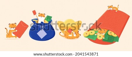 Year of Tiger elements. Little tiger holding red envelope in hand, another popping up out of money bag and the other playing around with gold ingot. While some are hiding around red envelope