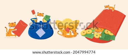 Year of Tiger elements. Illustration of a little tiger holding red envelope in hand, the other popping up out of money bag and others playing around with decorations for wealth 