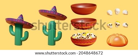 3d Day of the dead elements set including Mexican bowls, sugar skulls, cacti with sombrero hats and bread of the dead