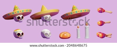 3d Day of the dead elements set including sugar skulls with sombrero hats, burning candles, bread of the dead and shaker instruments
