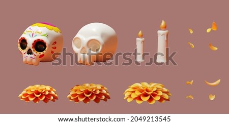 3d Day of the dead elements set including painted and unpainted sugar skulls, burning candles, orange marigolds and falling petals
