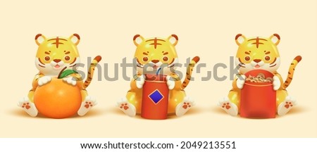 3d rendering tigers putting their paws onto Mandarin orange, firecracker decoration and a coin filled red envelope