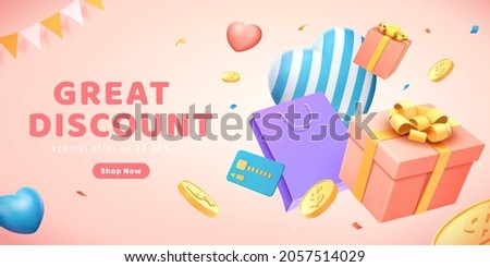 3D pink sale ad template. Illustration of shopping bag, heart shape balloons and gift boxes all floating on pink background