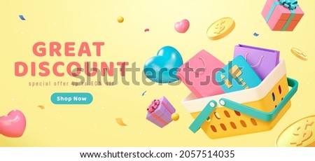 3D yellow sale banner. Illustration of a plastic shopping basket laden with shopping bags and credit card floating on yellow background
