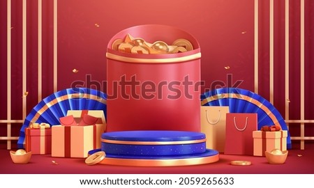 3d podium background for CNY. Beautiful blue stage in front of big red envelope with gift shopping objects placed aside on red backdrop