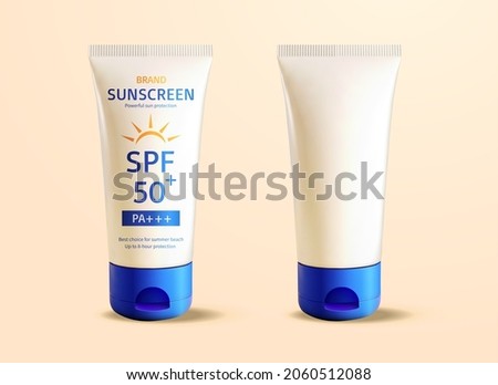 3D sunscreen cream tube mokcup. Illustration of sunblock product packaging design for summer branding or advertising