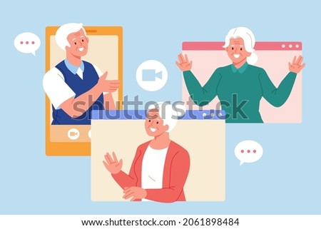 Elders having group video call. Flat illustration of old people talking online in a meeting room on Internet