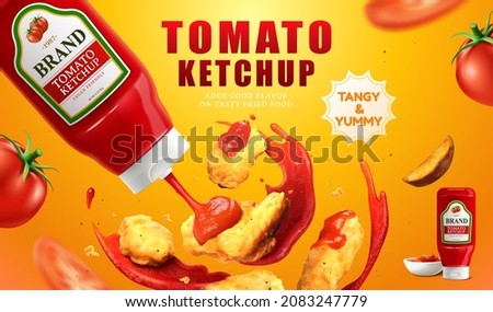 Tomato ketchup banner ad. 3D Illustration of tomato ketchup shooting out from plastic bottle over fried chicken nuggets and potato wedge flying on orange background
