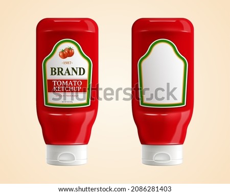 3D Tomato ketchup bottle mockups, one with a designed label and another with blank label, isolated on light orange background