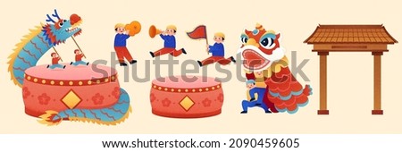 Chinese local folk religion activity elements isolated on beige background, including dragon and lion dance, drum instrument and temple gate