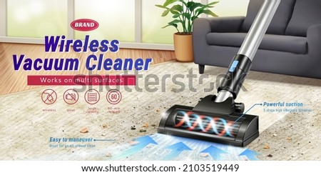 Vacuum cleaner ads. 3D Illustration of a wireless vacuum cleaner machine cleaning dirty carpet in living room