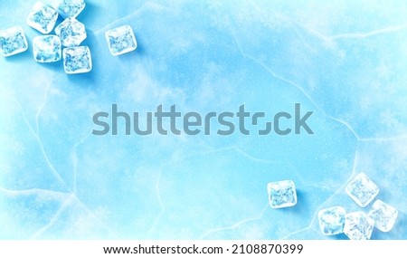 Icy surface background. 3D Illustration of groups of ice cubes scattered on upper left and bottom right of light blue surface covered in ice