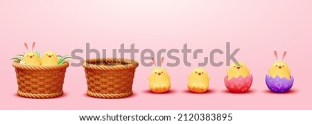Set of 3D Easter chicks isolated on pink background. Some are in cracked eggs, some are in wicker basket
