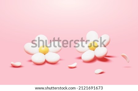 3D Daisy flowers with their fallen petals isolated on pink background
