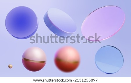 Set of 3D geometric elements including round discs, balls, and glass isolated on light purple background