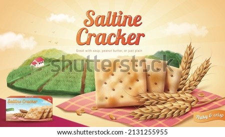 Saltine crackers ad template. 3D Illustration of unflavored saltine crackers and wheat stalk on red picnic plaid with farmland in the background