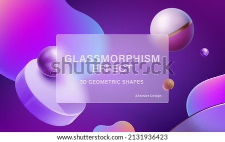 Purple background of 3d geometric shapes with glassmorphism rectangle plate in the center