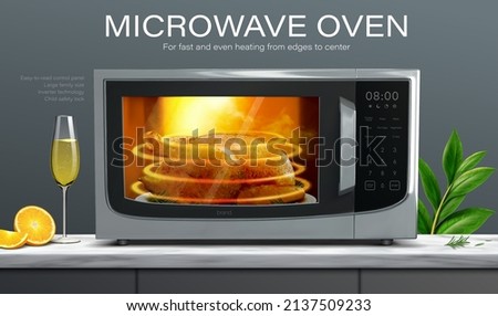 Microwave oven ad. 3D Illustration of a microwave oven roasting whole chicken, with orange champagne flute and rosemary prepared on marble countertop