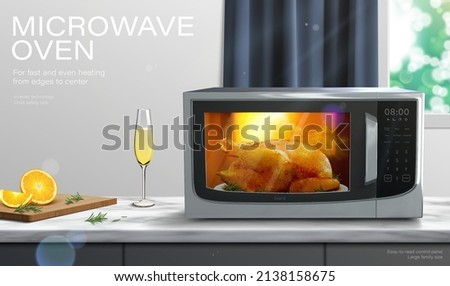 Microwave oven ad. 3D Illustration of microwave oven cooking a whole turkey, with oranges on cutting board and glass of champagne flute placed on kitchen countertop