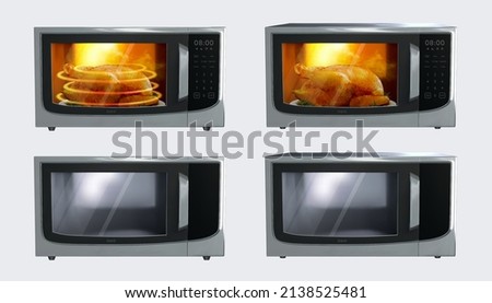 Microwave oven set. 3D Illustration of turkey cooking inside microwave ovens that are heating and empty ovens isolated light gray background