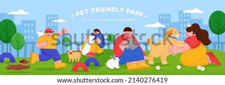 Pet-friendly park. Flat illustration of pet owners taking their dogs, cats, and rabbits to a pet-friendly park in city which has broad fields and obstacles for them to do various outdoor activities