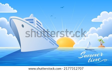 Dream tropic cruise travel illustration. Large modern white ship sailing on blue ocean with sun rising above sea horizon.