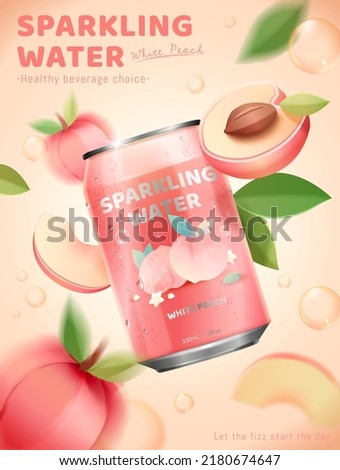 White peach sparkling water ad template. 3d illustrated sparkling water can with geometric peach and fruit slices floating in motion