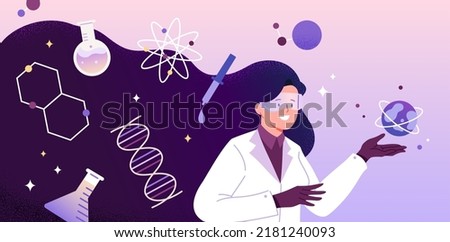 Female scientist head with long hair, flat vector illustration. Chemical formula, apparatus in hair of a woman science researcher.