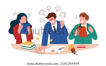 Angry boss dissatisfied with the work of employees, flat illustration.