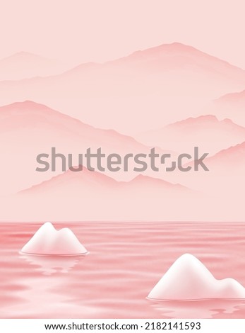 Dreamy landscape painting of pink colored river, mountain and stone in 3D illustration