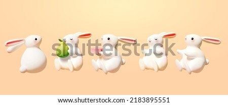 3D Illustration of cute rabbits set on light orange background. A rabbit in back view looking sideways and the others with eyes opened or closed. Two of them holding pomelo and mooncake.