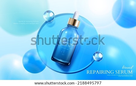 3d illustration of facial repairing serum ad. Dropper bottle on blue glass disk and blue circular design elements on light background.