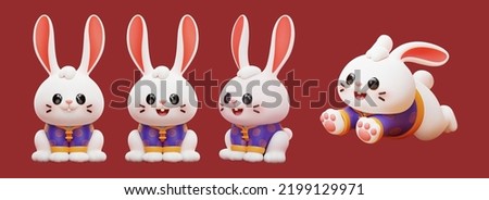 3d illustrated cute rabbits wearing traditional costume in different expressions and poses isolated on red background.