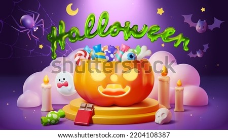 Halloween poster. 3d illustrated jack o lantern pumpkin filled with candies on a podium. Spooky halloween decoration scene setting with slimy font on top.