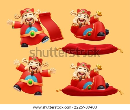 3d Chinese new year god of wealth set isolated on light orange background. Including Caishen in different poses and holding different objects.