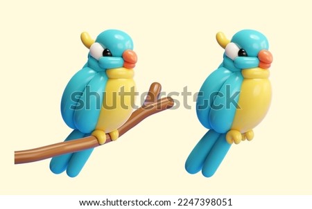 3D twisted balloon bird isolated on cream white background. One standing on a twig and one without.