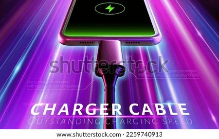 3D charging cable ad. Smart phone with charger cable plugged in on neon light effect background. Concept of fast charging speed.
