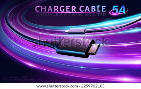 3D charger cable ad template. Charger cable with both type C adapter circle along the curving neon light trail. Concept of fast charging speed.