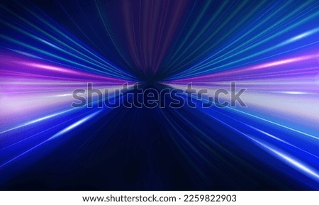 3D neon light effect background. Purple and blue beam stretching into form of tunnel. Concept of high speed.