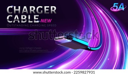 3D charger cable ad template. 3D realistic charging wire with type C adapter on curved neon light background. Concept of fast charging speed.