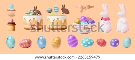 3D illustrated sweet festive Easter set isolated on light orange background. Including painted eggs, porcelain bunny, bowl of eggs, layer cake, and cupcake.