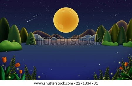 3D adorable nature with beautiful starry sky and huge full moon background.