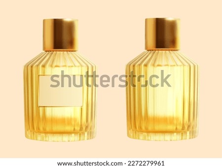 3D realistic vertical stripe glass perfume bottles with golden caps isolated on light orange background. One with label, one without.