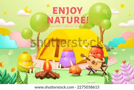 3D vibrant camping night illustration. Cute cartoon characters sitting around campfire toasting marshmallows. And dog running on meadow.