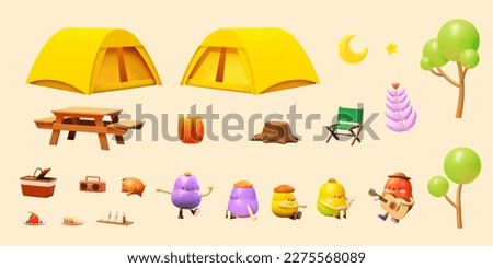 3D cartoon camping set isolated on light orange background. Including tent, picnic table, chairs, drum, radio, basket, food, dog, plants, and adorable characters.