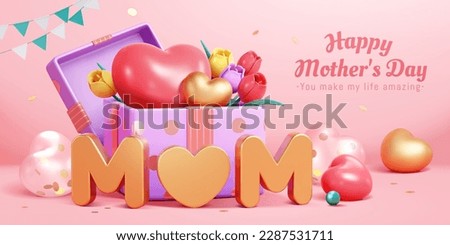 3D Mother's day poster. Purple gift box filled with tulips and heart balloons behind golden mom text on pink background.