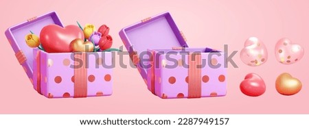 3D sweet holiday gift set isolated on pink background. Including purple gift box filled with tulips and heart balloons, empty open box, and small heart shape balloons.