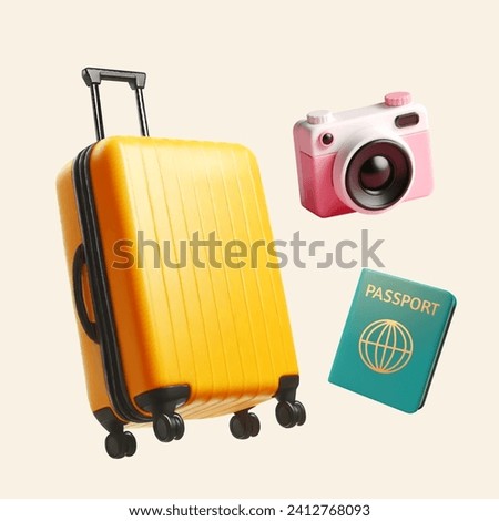 3D traveling element set. Yellow suitcase, camera, and passport isolated on cream white background.