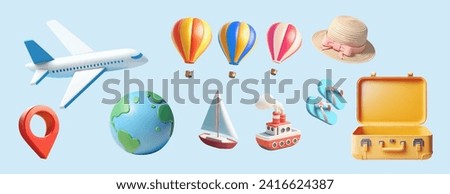 3D traveling elements isolated on light blue background.