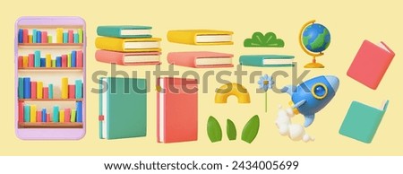 3D colorful books, rocket, plants, and globe isolated on light yellow background.